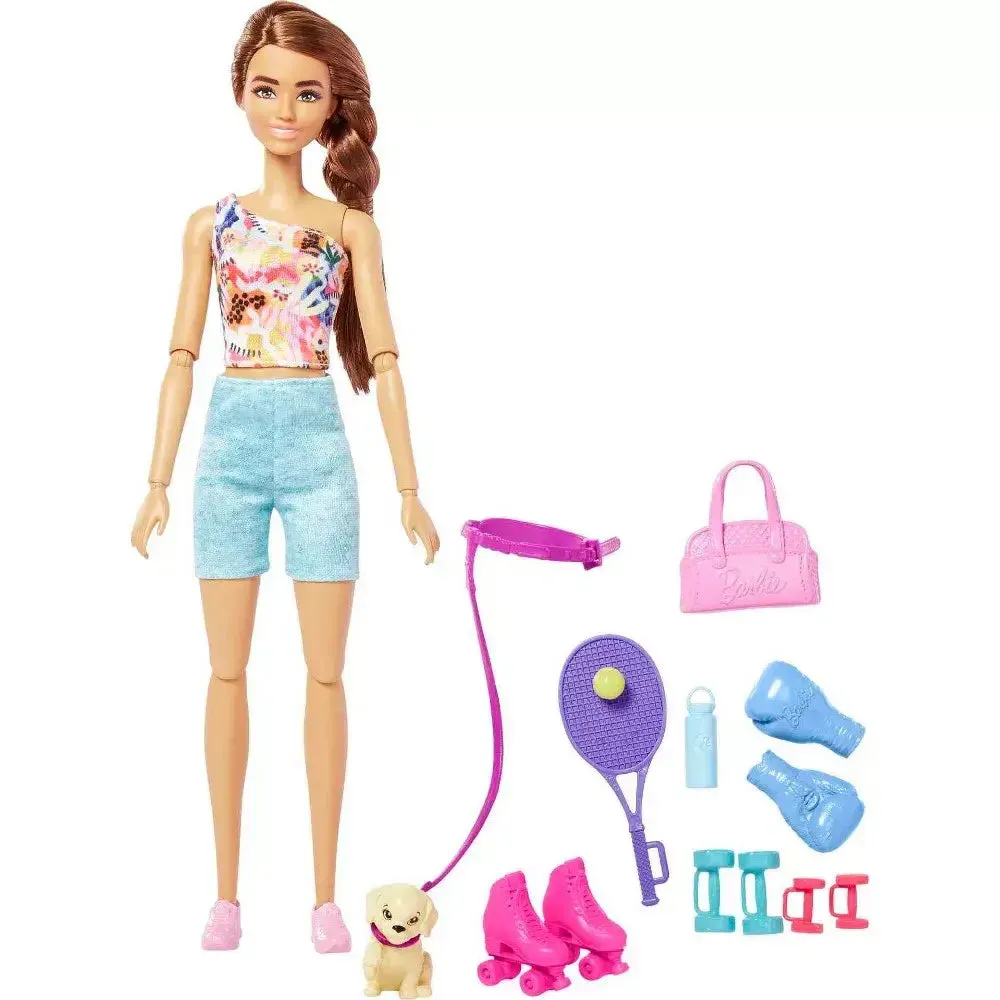 Barbie Doll With Puppy, Workout Outfit, Roller Skates And Tennis Doll