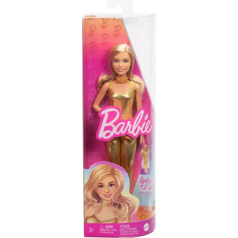 Barbie Fashionistas #222 65th Anniversary Petite with Blonde Wavy Hair and Golden Jumpsuit Fashion Doll