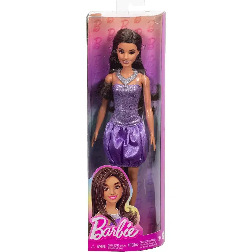 Barbie Fashionistas #234 Sequined Purple Dress and Silvery Accessories with Brown Hair Fashion Doll