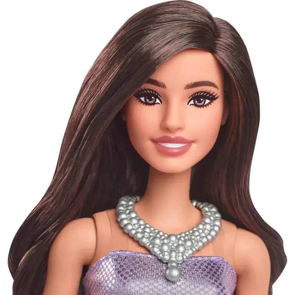 Barbie Fashionistas #234 Sequined Purple Dress and Silvery Accessories with Brown Hair Fashion Doll