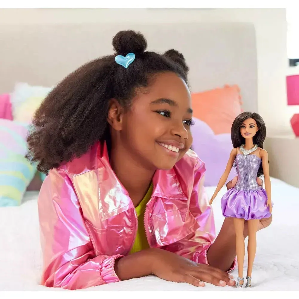 Barbie Fashionistas #234 Sequined Purple Dress and Silvery Accessories with Brown Hair Fashion Doll